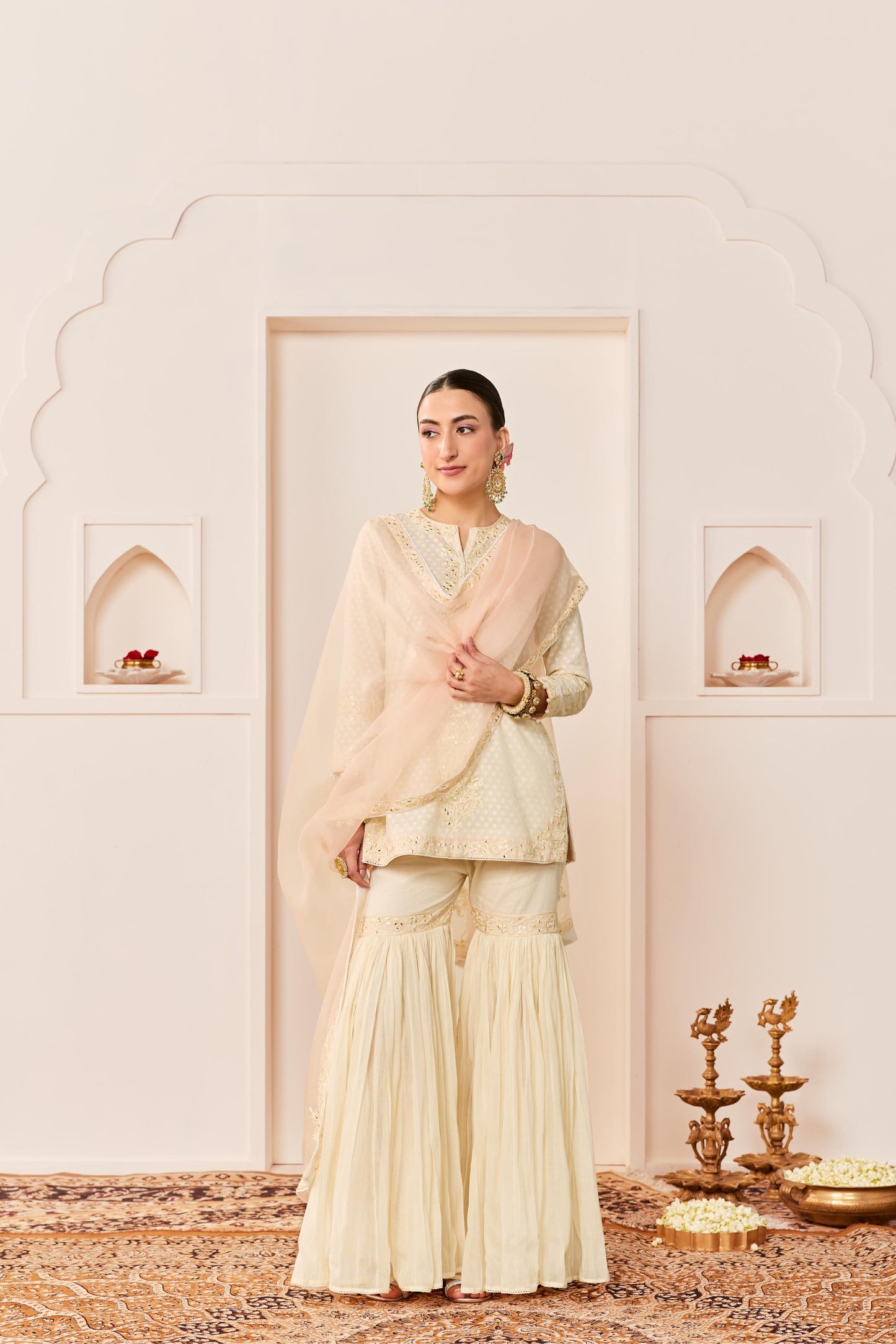 YASNEEN -DAISY IVORY SHORT KURTA WITH GARARA AND DUPATTA