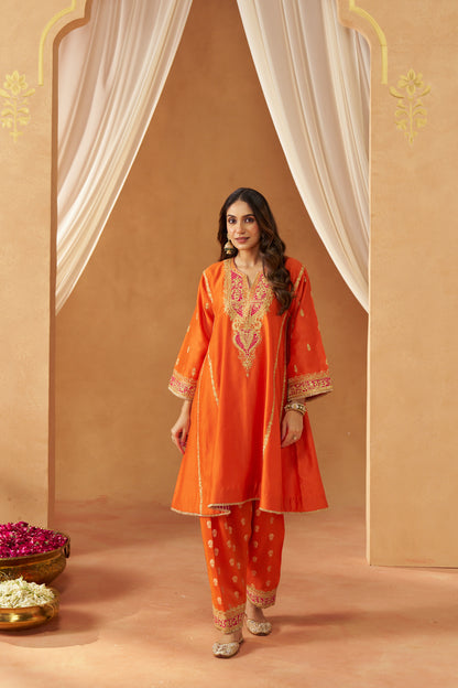 MAAHGUL BURNT ORANGE KALIDAAR CHAUGA WITH SALWAR WITH DUPATTA