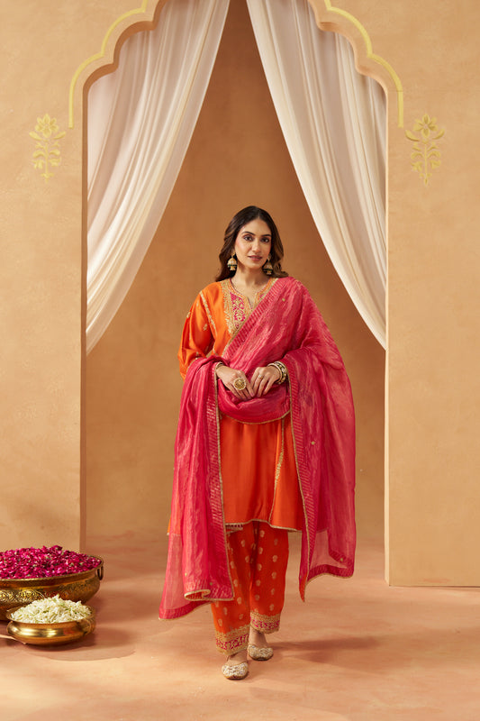MAAHGUL BURNT ORANGE KALIDAAR CHAUGA WITH SALWAR WITH DUPATTA