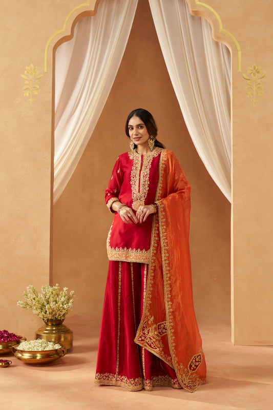 FADIYA DEEP RED KURTA WITH SHARARA AND DUPATTA