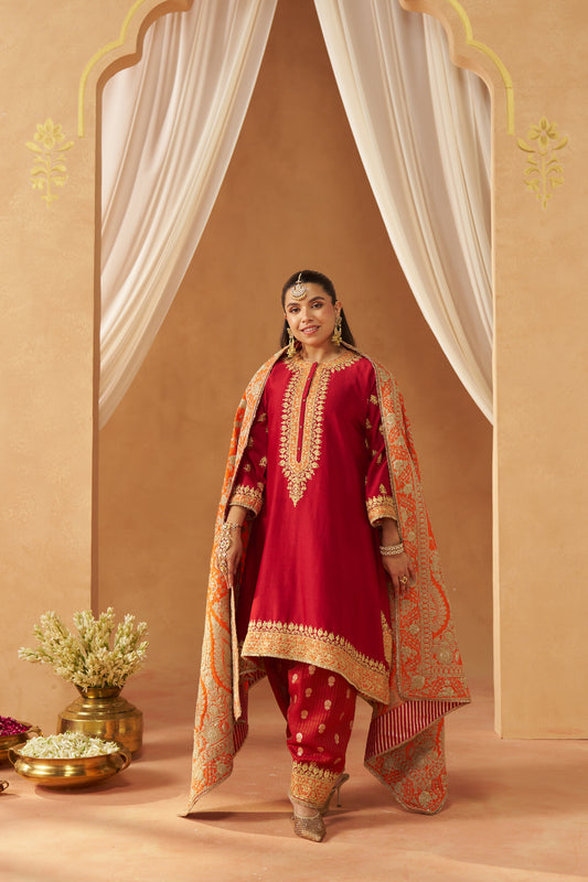 ZEENAL DEEP RED A-LINE KAAFTAN WITH SALWAR WITH DUPATTA