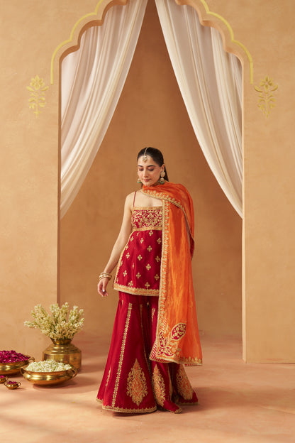 NAJMA DEEP RED KURTA WITH GARARA AND DUPATTA