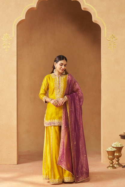 FADIYA MUSTARD KURTA WITH SHARARA AND DUPATTA