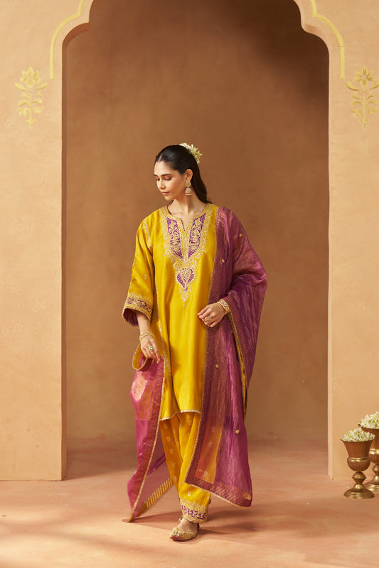 MAAHGUL MUSTARD KALIDAAR CHAUGA WITH SALWAR WITH DUPATTA