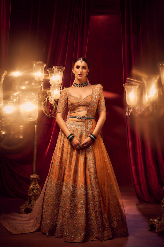 RUST RAW SILK EMBROIDERED LEHENGA SET