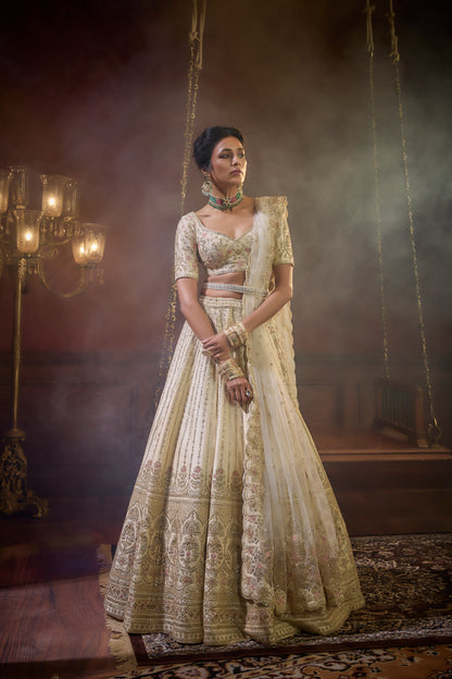 IVORY RAW SILK EMBROIDERED LEHENGA SET