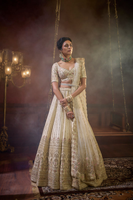 IVORY RAW SILK EMBROIDERED LEHENGA SET