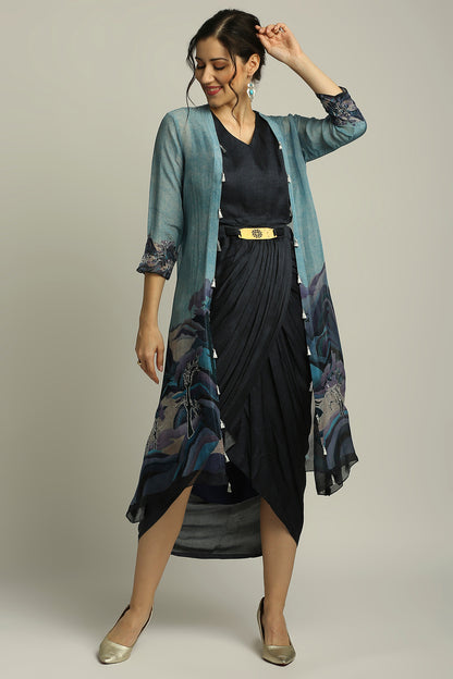 CONVERSATIONAL PRINTED DRAPE DRESS WITH JACKET