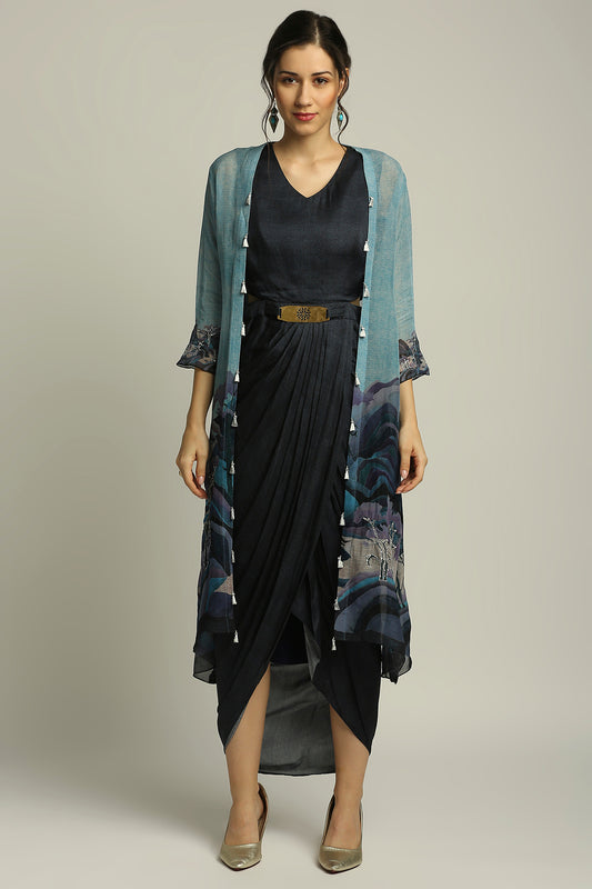 CONVERSATIONAL PRINTED DRAPE DRESS WITH JACKET