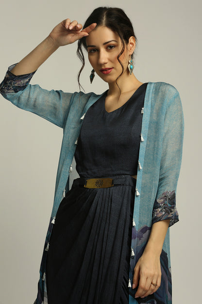 CONVERSATIONAL PRINTED DRAPE DRESS WITH JACKET