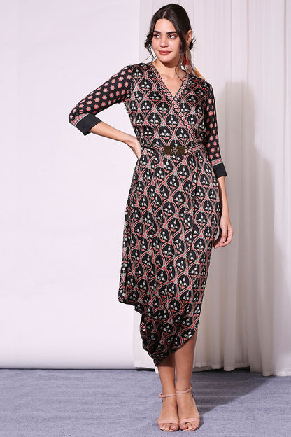 ETHNIC FOLKLORE PRINTED DRAPE DRESS