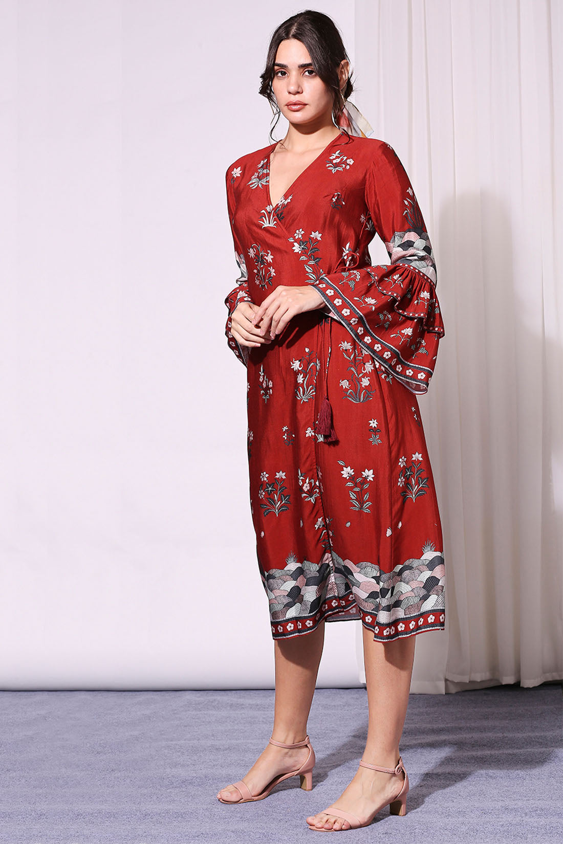 OVERLAP PRINTED DRESS WITH BELL SLEEVES