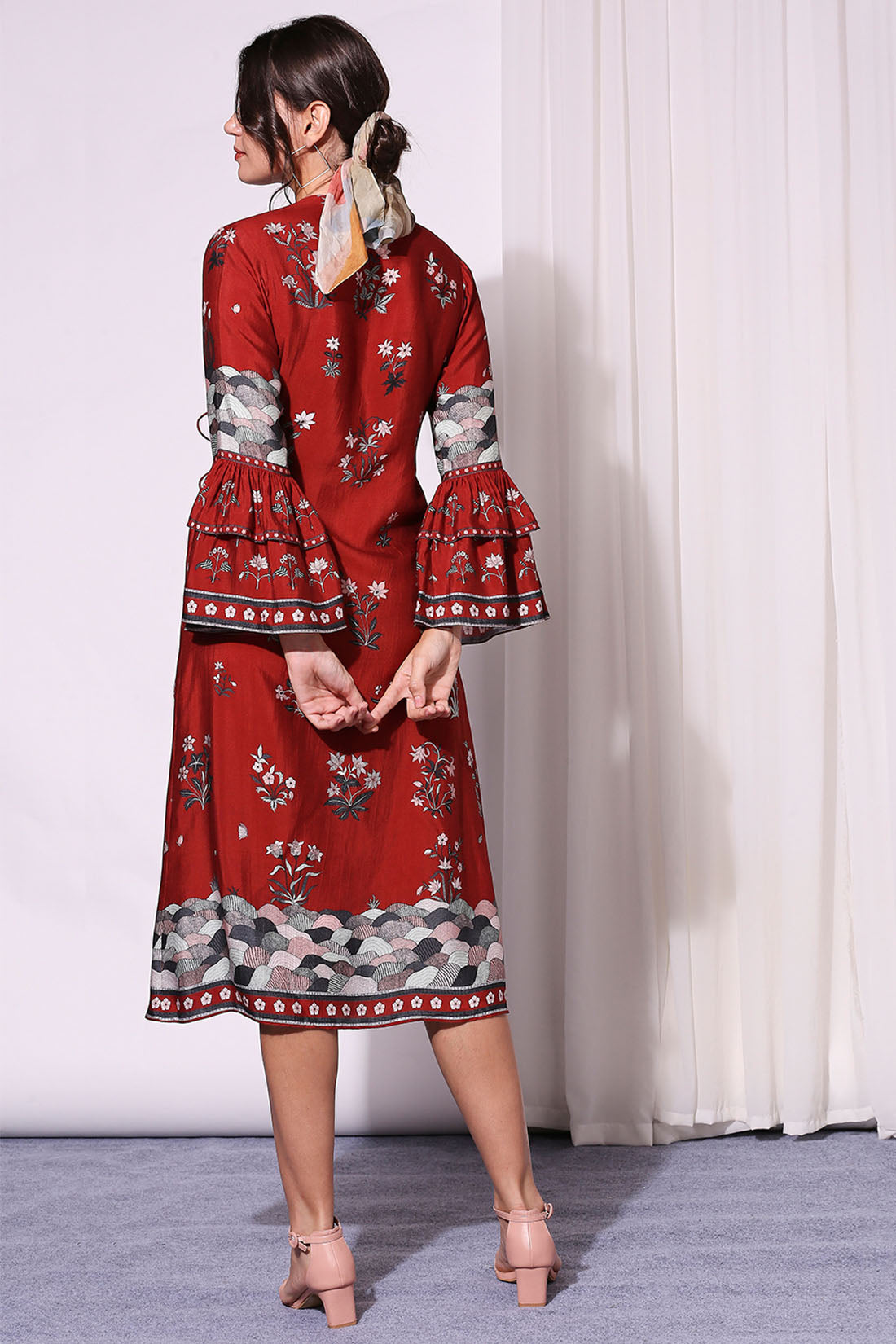 OVERLAP PRINTED DRESS WITH BELL SLEEVES