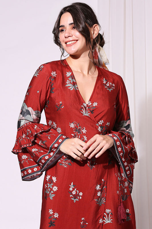 OVERLAP PRINTED DRESS WITH BELL SLEEVES