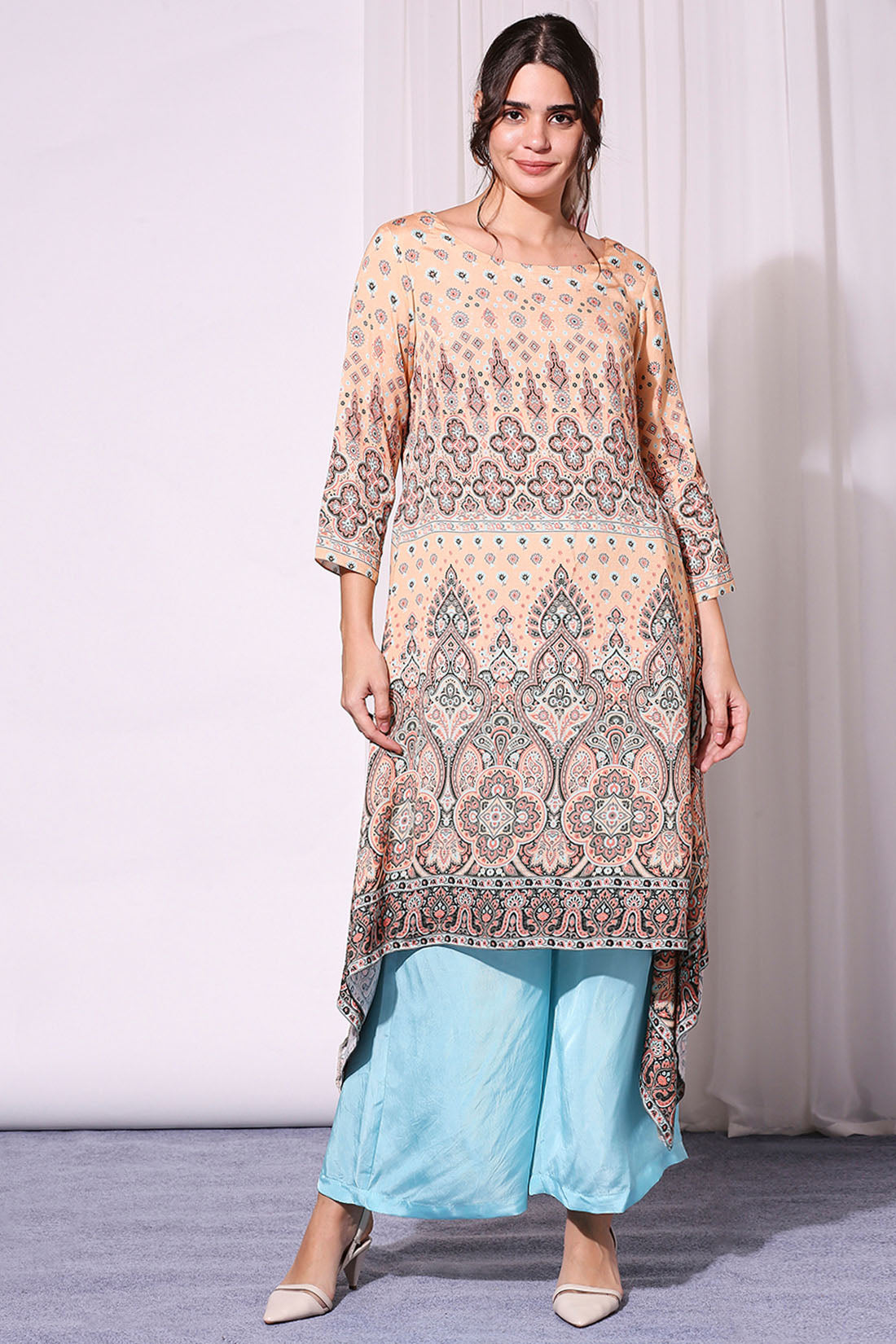 ETHNIC PASTEL PRINTED ASYEMMETRICAL TOP PAIRED WITH PANTS