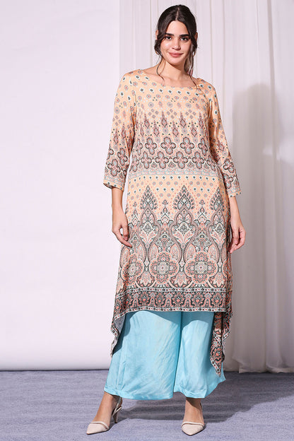 ETHNIC PASTEL PRINTED ASYEMMETRICAL TOP PAIRED WITH PANTS