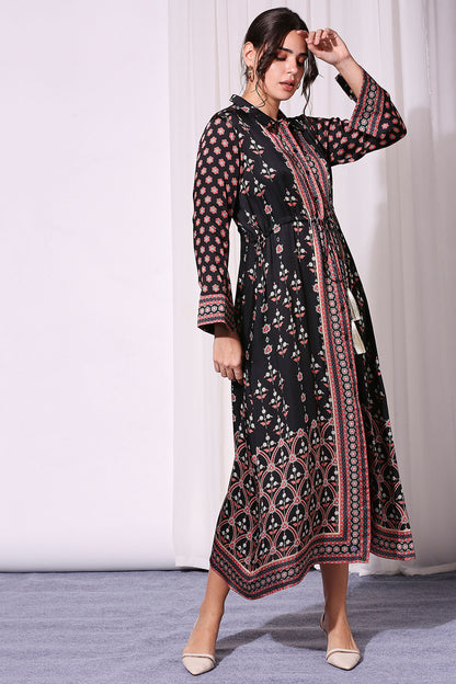 ETHNIC PRINTED DRESS WITH WAIST TIE UP