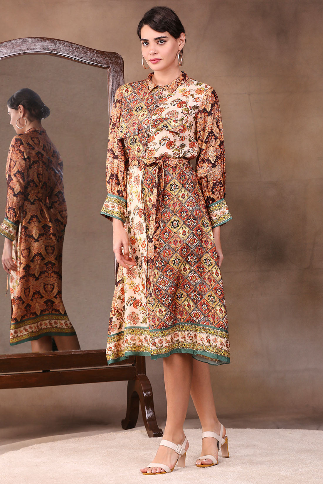 ETHNIC FOLKLORE PRINTED SHIRT DRESS WITH WAIST TIE-UP