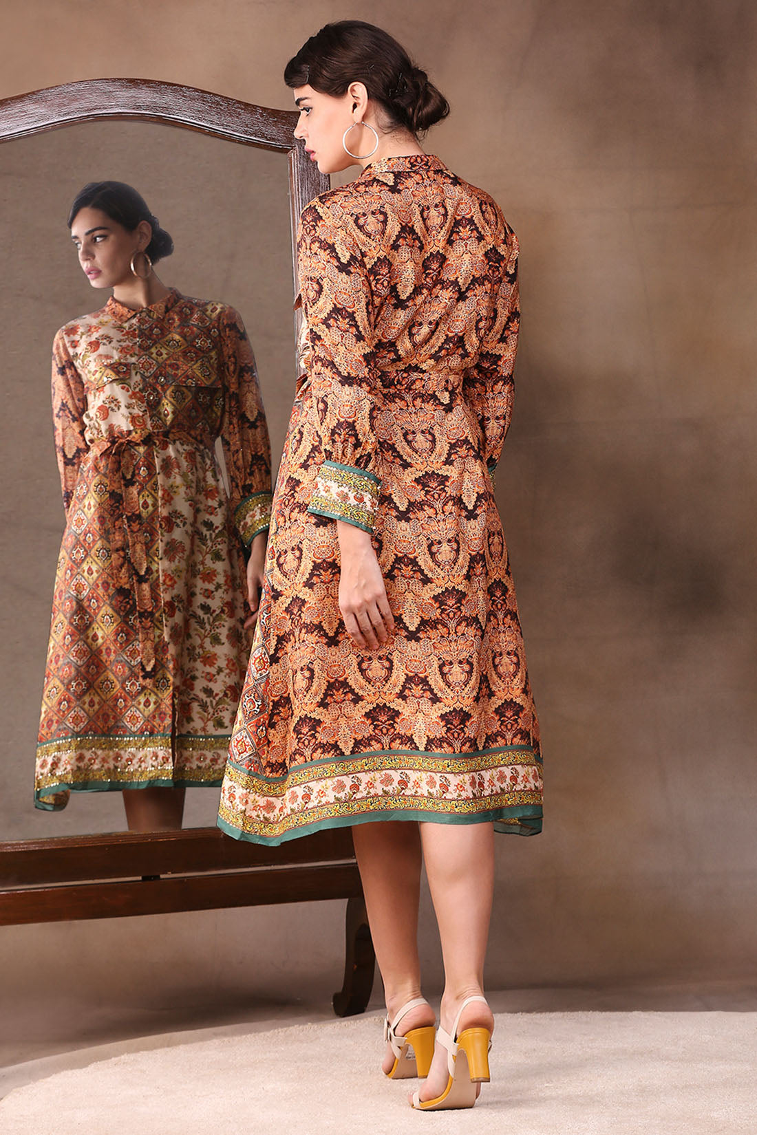 ETHNIC FOLKLORE PRINTED SHIRT DRESS WITH WAIST TIE-UP