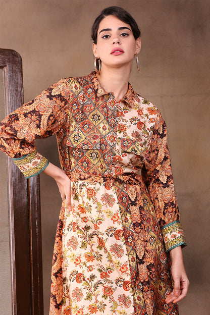 ETHNIC FOLKLORE PRINTED SHIRT DRESS WITH WAIST TIE-UP