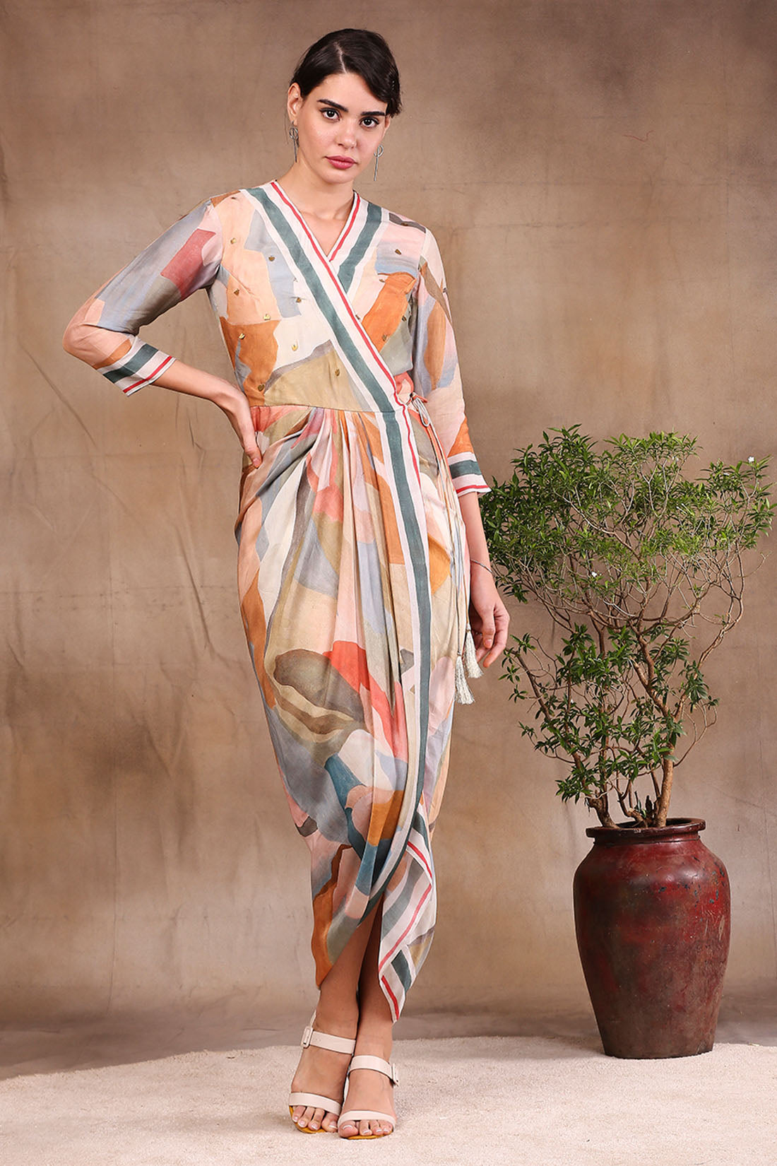 CONVERSATIONAL PRINTED OVERLAP DRAPE DRESS