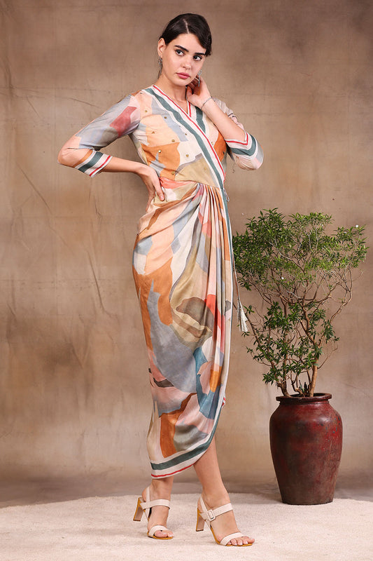 CONVERSATIONAL PRINTED OVERLAP DRAPE DRESS