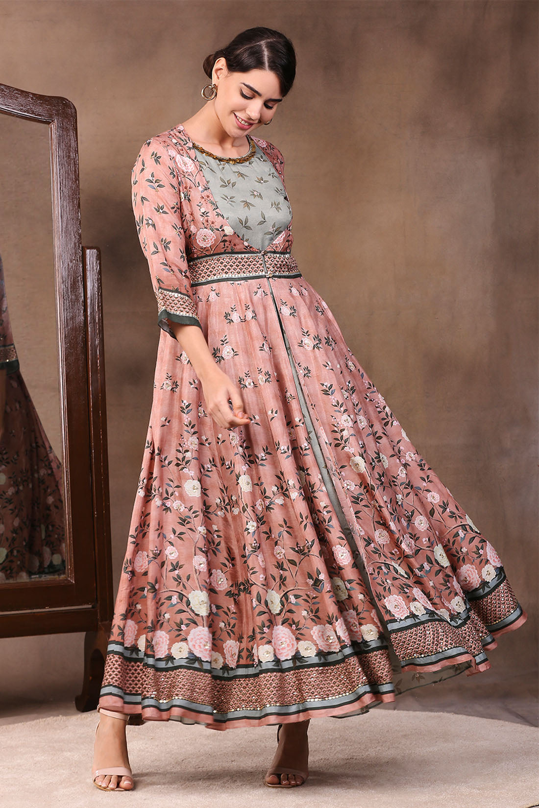 VINTAGE TRAILS PRINTED TWO LAYERED ANARKALI DRESS