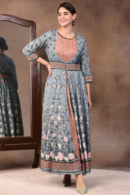 VINTAGE TRAILS PRINTED TWO LAYERED ANARKALI DRESS