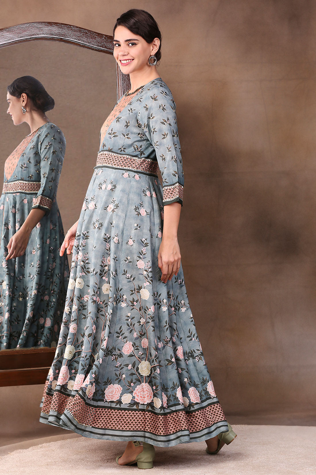 VINTAGE TRAILS PRINTED TWO LAYERED ANARKALI DRESS