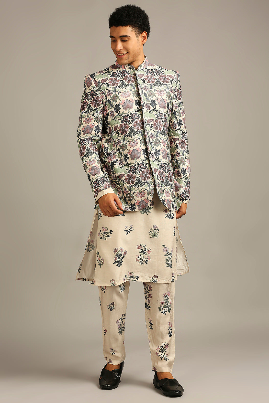 PASTEL FLORAL PRINTED JACKET WITH KURTA SET