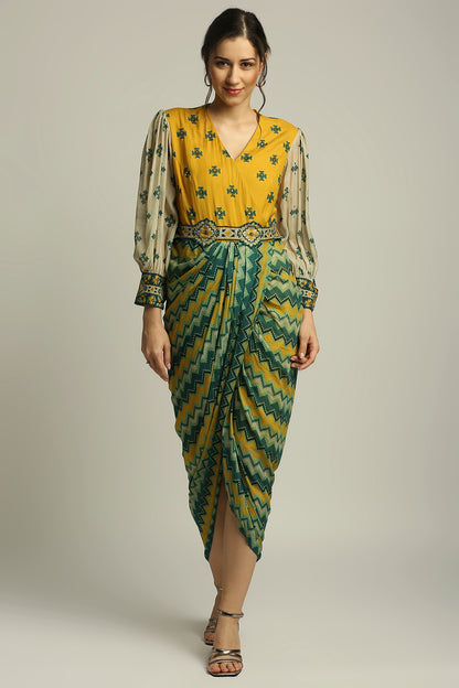 TIRAZ PRINTED DRAPE DRESS WITH BELT