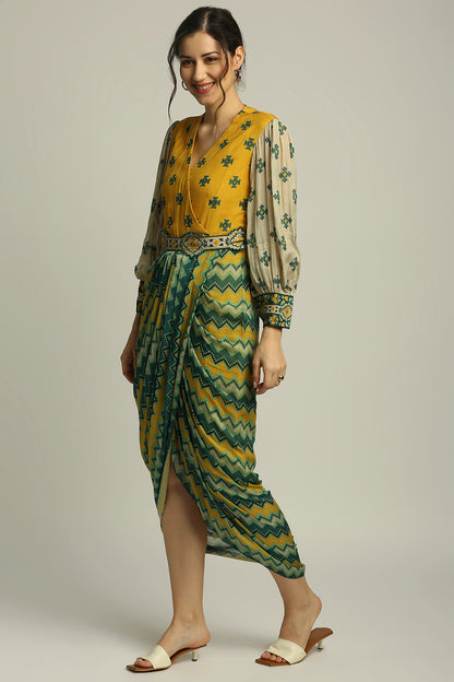 TIRAZ PRINTED DRAPE DRESS WITH BELT