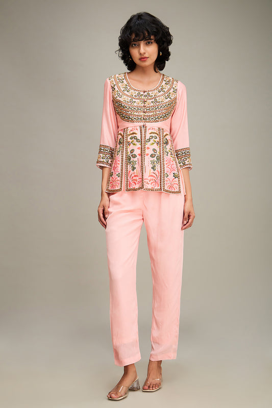 MEHR EMBROIDERED PEPLUM TOP WITH PANTS