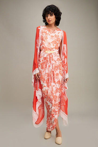 AHYANA PRINTED DRAPE DRESS WITH CAPE