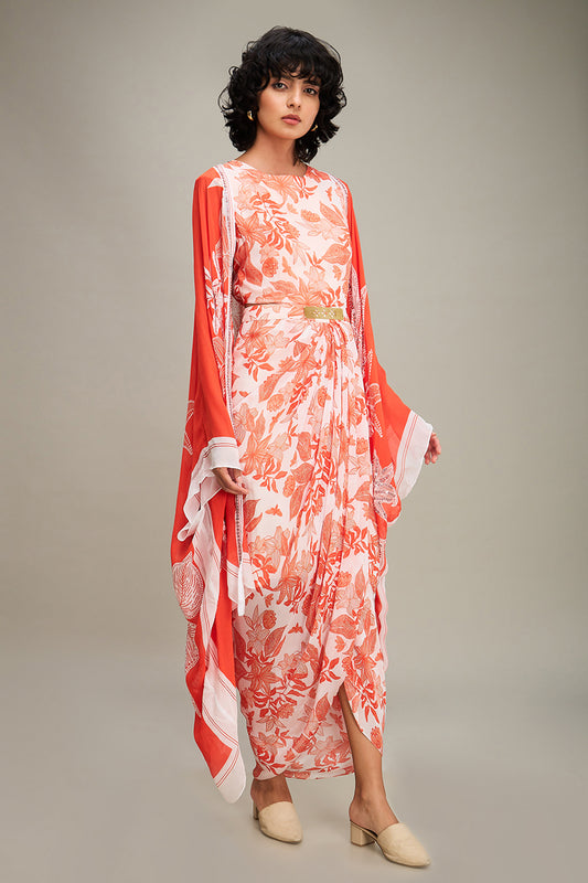 AHYANA PRINTED DRAPE DRESS WITH CAPE