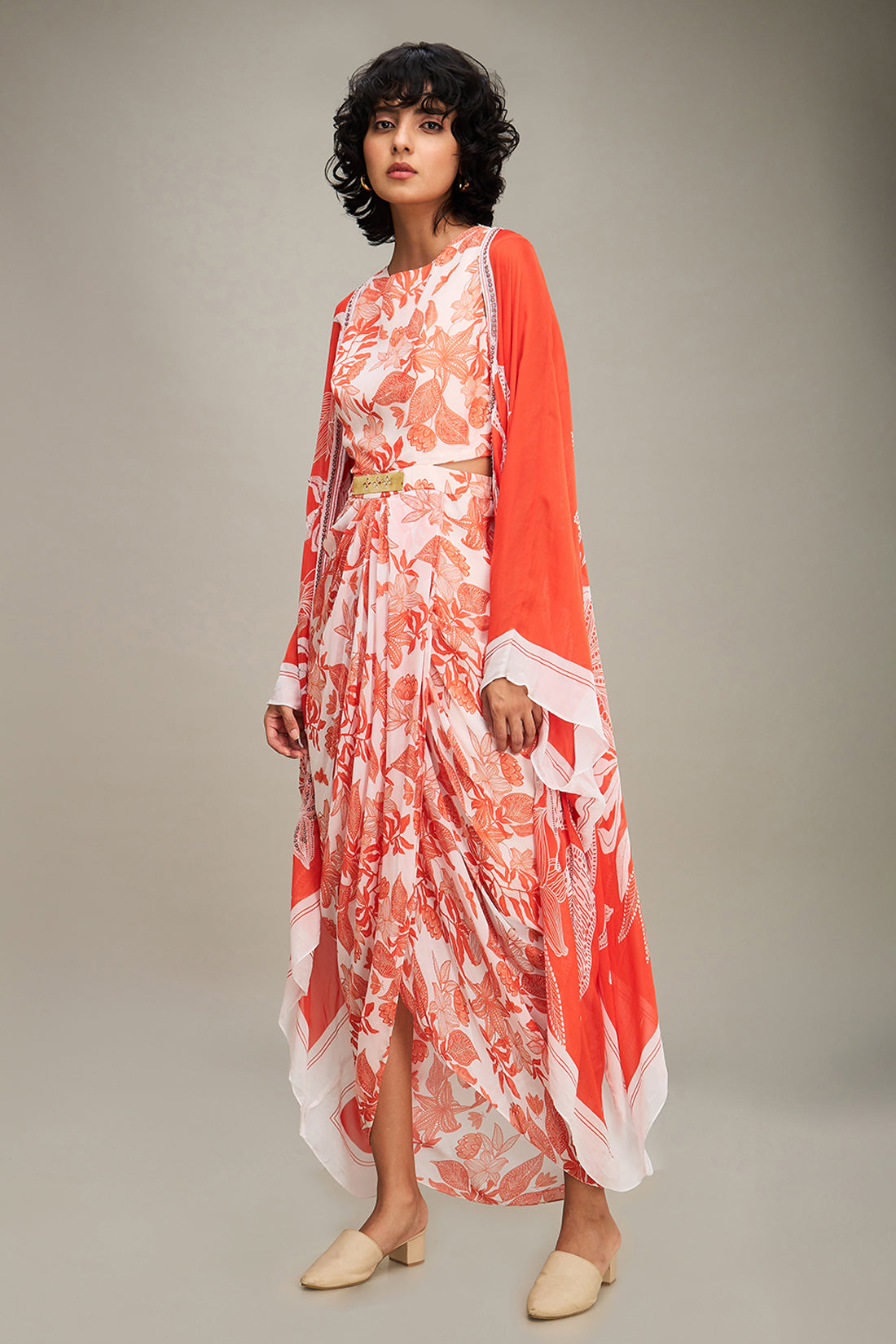 AHYANA PRINTED DRAPE DRESS WITH CAPE