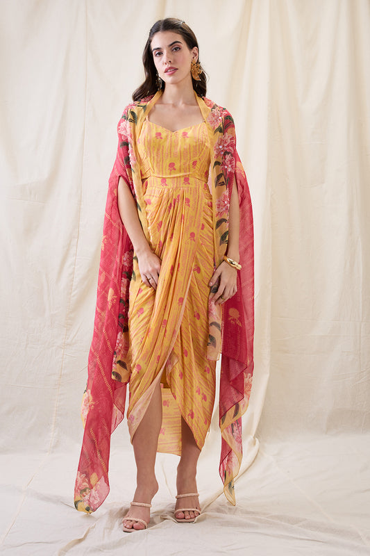 RAVYA DRAPE DRESS WITH EMBELLISHED CAPE