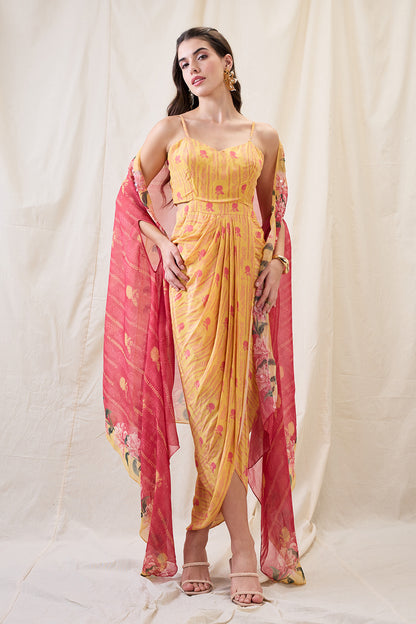 RAVYA DRAPE DRESS WITH EMBELLISHED CAPE