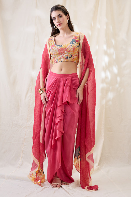 RAVYA DRAPE SKIRT SET WITH EMBELLISHED CAPE
