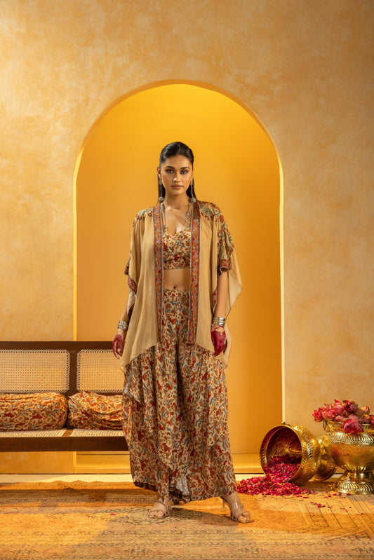 RANGTARA EMBELLISHED LAYERED PANT SET WITH CAPE