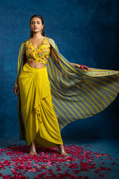 AARANI EMBELLISHED  DRAPE SKIRT  SET WITH LONG CAPE