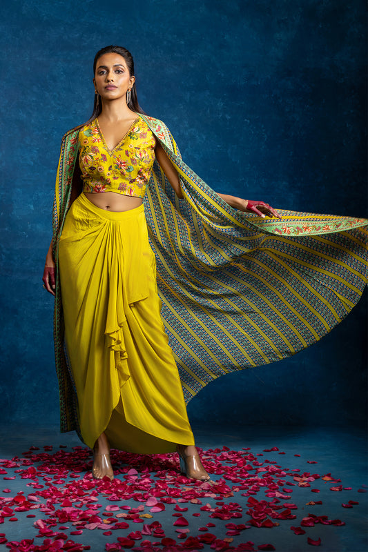 AARANI EMBELLISHED  DRAPE SKIRT  SET WITH LONG CAPE