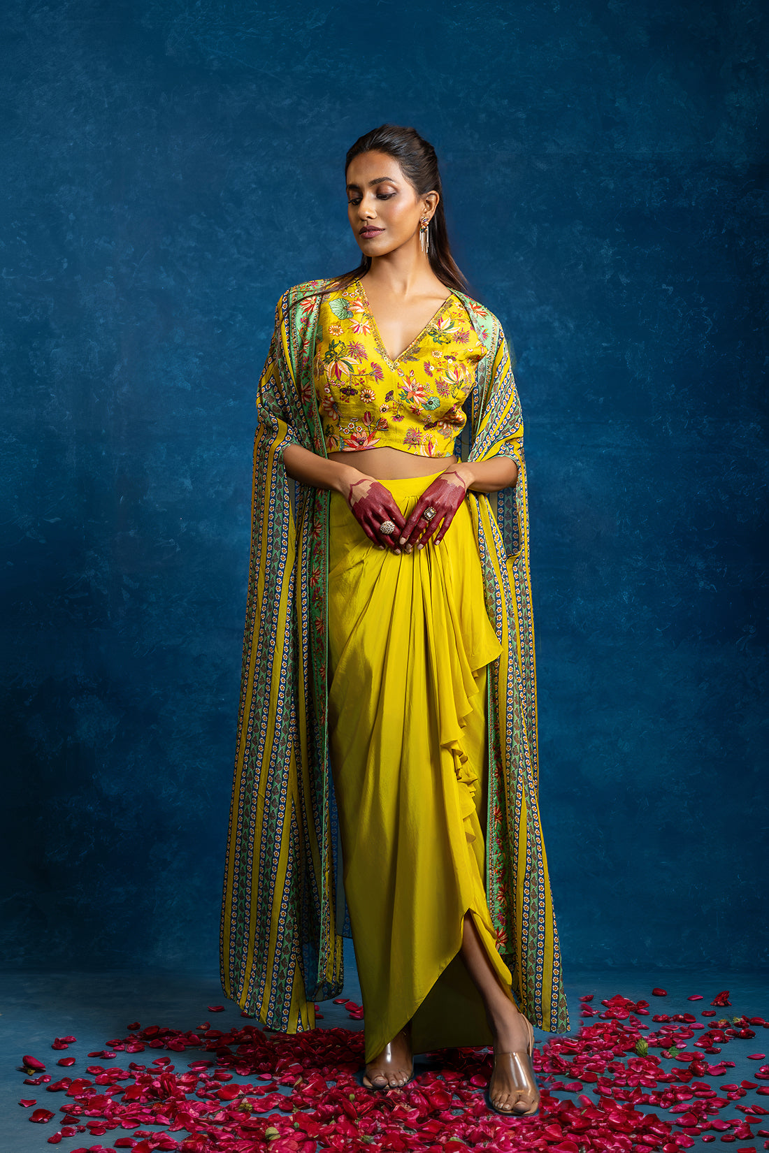 AARANI EMBELLISHED  DRAPE SKIRT  SET WITH LONG CAPE