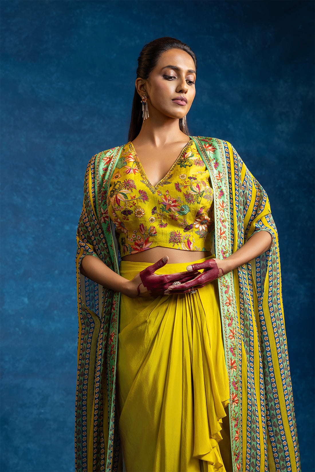 AARANI EMBELLISHED  DRAPE SKIRT  SET WITH LONG CAPE