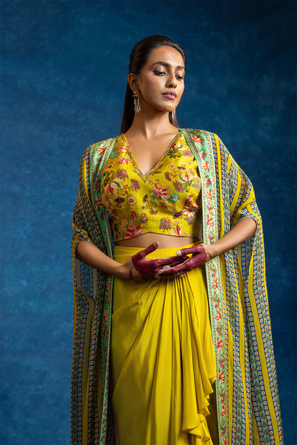 AARANI EMBELLISHED  DRAPE SKIRT  SET WITH LONG CAPE