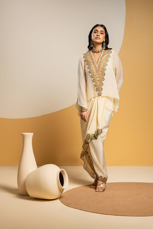 TAARANI EMBELLISHED V-NECK DRAPE SKIRT  SET