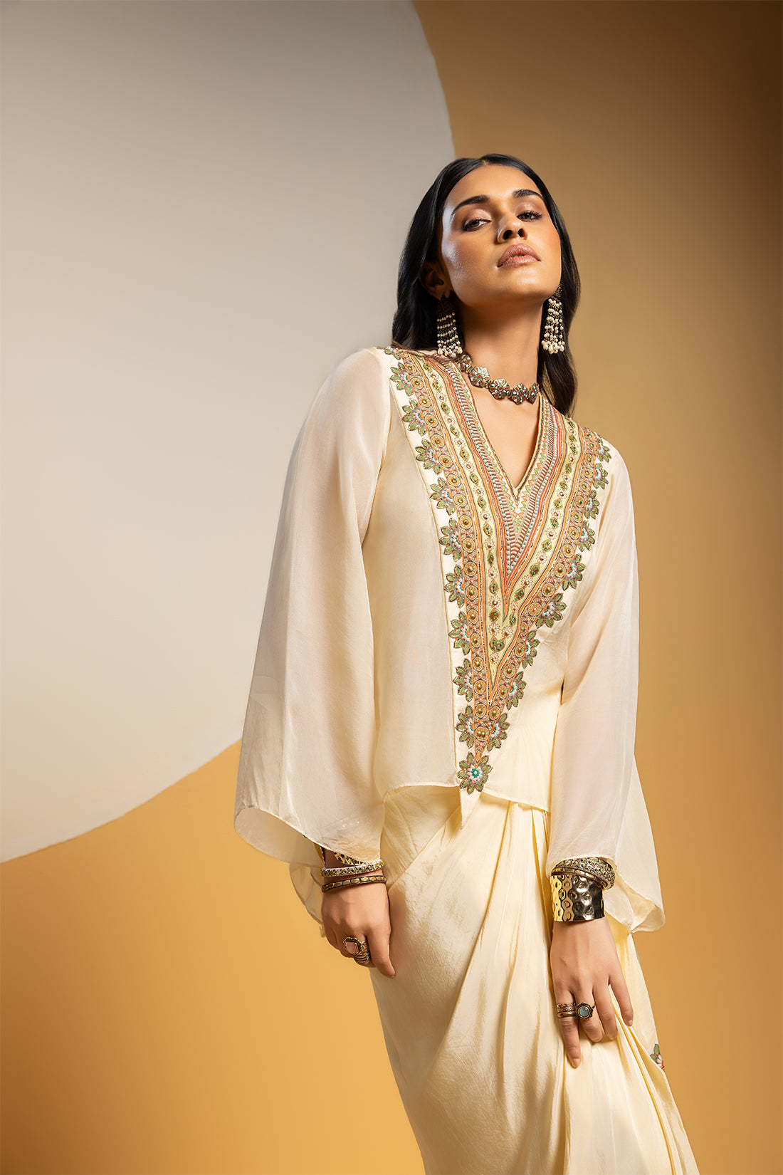 TAARANI EMBELLISHED V-NECK DRAPE SKIRT  SET