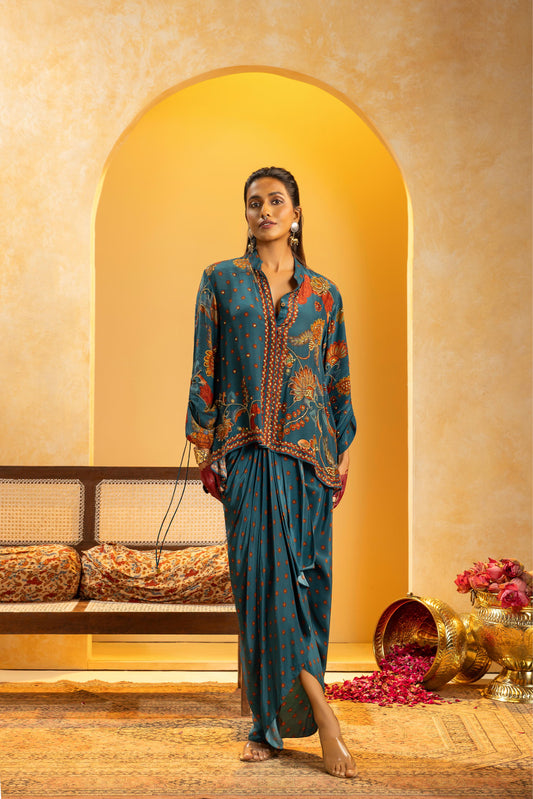 RANGTARA EMBELLISHED  DRAPE SKIRT SET