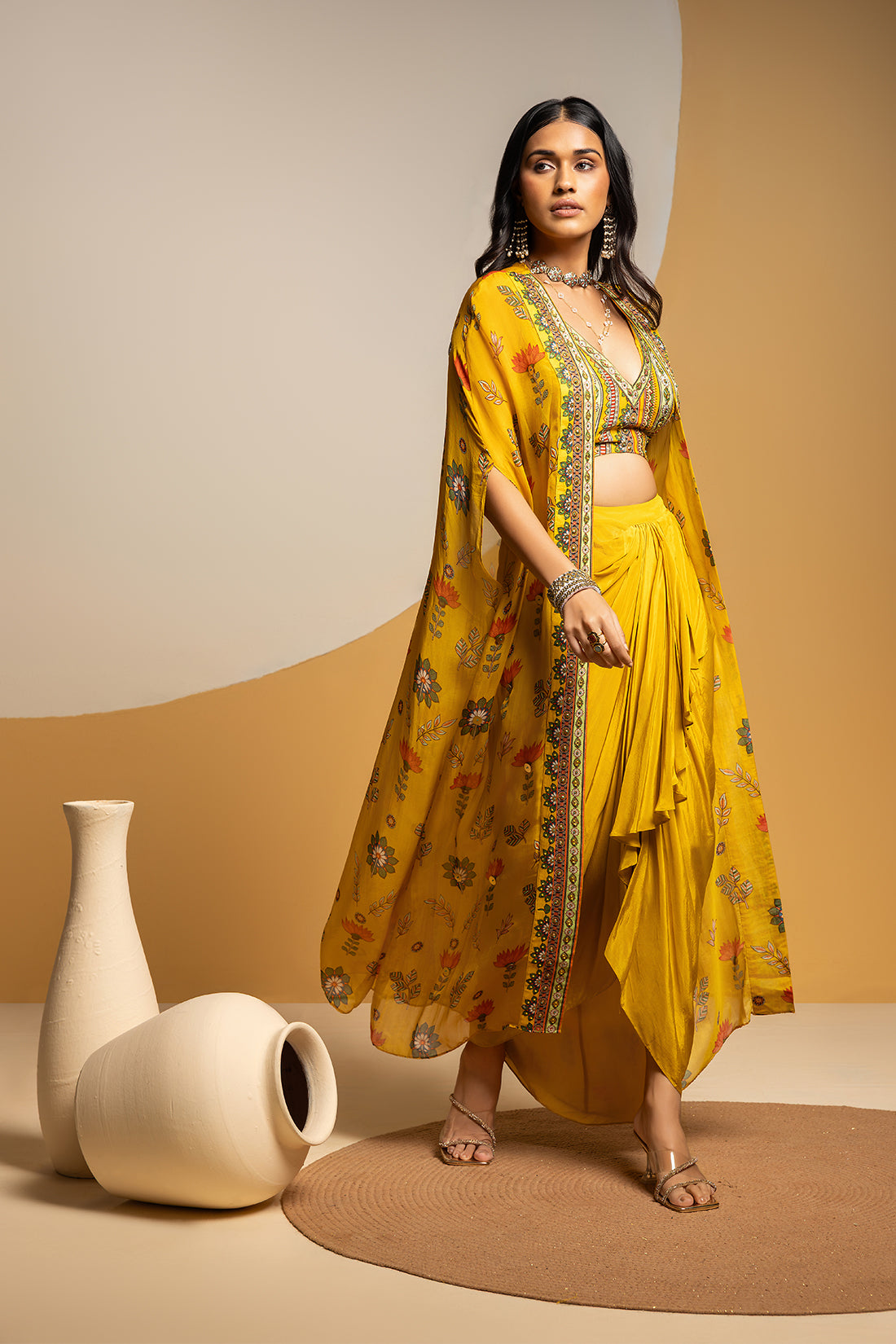 TAARANI EMBELLISHED  DRAPE SKIRT SET WITH LONG CAPE