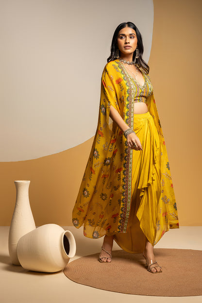 TAARANI EMBELLISHED  DRAPE SKIRT SET WITH LONG CAPE